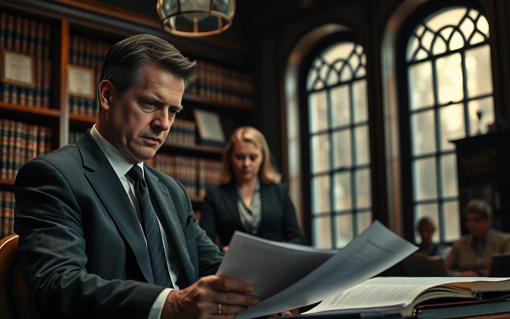 A Dimly Lit Law Office, The Shelves Lined With Legal Tomes And Framed Certificates. In The Foreground, A Serious-Faced Divorce Lawyer, Dressed In A Sharp Suit, Intently Studying Documents. The Middle Ground Features A Client, A Concerned-Looking Individual, Seeking Guidance. The Background Depicts A Sense Of Gravitas, With A Large Window Casting Soft, Dramatic Lighting Onto The Scene. The Overall Atmosphere Conveys The Weight And Importance Of The Divorce Proceedings, The Lawyer'S Expertise, And The Client'S Reliance On Their Professional Support. A Dimly Lit Law Office, The Shelves Lined With Legal Tomes And Framed Certificates. In The Foreground, A Serious-Faced Divorce Lawyer, Dressed In A Sharp Suit, Intently Studying Documents. The Middle Ground Features A Client, A Concerned-Looking Individual, Seeking Guidance. The Background Depicts A Sense Of Gravitas, With A Large Window Casting Soft, Dramatic Lighting Onto The Scene. The Overall Atmosphere Conveys The Weight And Importance Of The Divorce Proceedings, The Lawyer'S Expertise, And The Client'S Reliance On Their Professional Support.