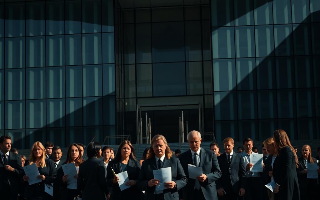 A High-Contrast, Cinematic Shot Of A Modern, Glass-Walled Courthouse, Its Angular Facade Casting Sharp Shadows Under Dramatic Lighting. In The Foreground, A Group Of Concerned Citizens Gather, Holding Signs And Documents - The Embodiment Of Institutional Accountability And Legal Claims. The Middle Ground Features A Team Of Legal Professionals, Their Expressions Serious As They Review Paperwork. In The Background, An Imposing, Shadowy Figure - A Symbol Of The Powerful Institution Being Held To Account. The Overall Atmosphere Conveys A Sense Of Tension, Determination, And The Weight Of The Legal System Bearing Down. A High-Contrast, Cinematic Shot Of A Modern, Glass-Walled Courthouse, Its Angular Facade Casting Sharp Shadows Under Dramatic Lighting. In The Foreground, A Group Of Concerned Citizens Gather, Holding Signs And Documents - The Embodiment Of Institutional Accountability And Legal Claims. The Middle Ground Features A Team Of Legal Professionals, Their Expressions Serious As They Review Paperwork. In The Background, An Imposing, Shadowy Figure - A Symbol Of The Powerful Institution Being Held To Account. The Overall Atmosphere Conveys A Sense Of Tension, Determination, And The Weight Of The Legal System Bearing Down.
