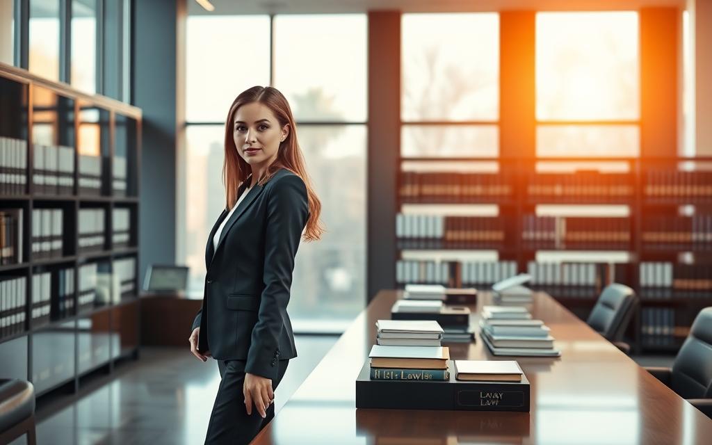 A Law Office Interior With Sleek, Modern Design. In The Foreground, A Professional Woman In A Suit Stands At A Desk, Leaning Forward With A Determined Expression, Symbolic Of Advocacy And Legal Support. The Middle Ground Features Rows Of Law Books And Case Files, Conveying Expertise And Diligence. The Background Has Large Windows That Flood The Space With Warm, Natural Light, Creating An Atmosphere Of Transparency And Trustworthiness. The Overall Mood Is One Of Competence, Compassion, And A Steadfast Commitment To Providing The Highest Level Of Legal Representation. A Law Office Interior With Sleek, Modern Design. In The Foreground, A Professional Woman In A Suit Stands At A Desk, Leaning Forward With A Determined Expression, Symbolic Of Advocacy And Legal Support. The Middle Ground Features Rows Of Law Books And Case Files, Conveying Expertise And Diligence. The Background Has Large Windows That Flood The Space With Warm, Natural Light, Creating An Atmosphere Of Transparency And Trustworthiness. The Overall Mood Is One Of Competence, Compassion, And A Steadfast Commitment To Providing The Highest Level Of Legal Representation.