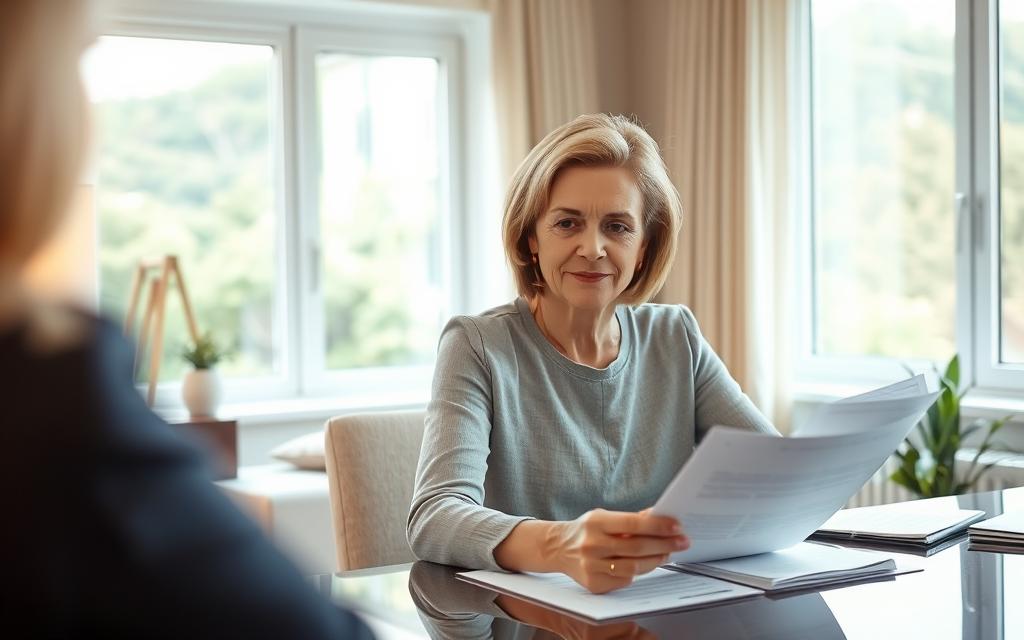 A Peaceful, Serene Office Setting With Soft, Warm Lighting. In The Foreground, A Middle-Aged Woman Sits At A Desk, Reviewing Financial Documents With A Calm, Focused Expression. Her Hands Rest Gently On The Papers, Conveying A Sense Of Care And Diligence. Behind Her, A Window Overlooking A Tranquil, Verdant Landscape Provides A Calming Backdrop. The Room Is Tastefully Furnished, With Muted Tones And Clean Lines, Creating An Atmosphere Of Professionalism And Empathy. The Overall Scene Suggests A Safe, Supportive Environment Where The Woman Is Receiving Expert Guidance During A Sensitive Financial Transition. A Peaceful, Serene Office Setting With Soft, Warm Lighting. In The Foreground, A Middle-Aged Woman Sits At A Desk, Reviewing Financial Documents With A Calm, Focused Expression. Her Hands Rest Gently On The Papers, Conveying A Sense Of Care And Diligence. Behind Her, A Window Overlooking A Tranquil, Verdant Landscape Provides A Calming Backdrop. The Room Is Tastefully Furnished, With Muted Tones And Clean Lines, Creating An Atmosphere Of Professionalism And Empathy. The Overall Scene Suggests A Safe, Supportive Environment Where The Woman Is Receiving Expert Guidance During A Sensitive Financial Transition.