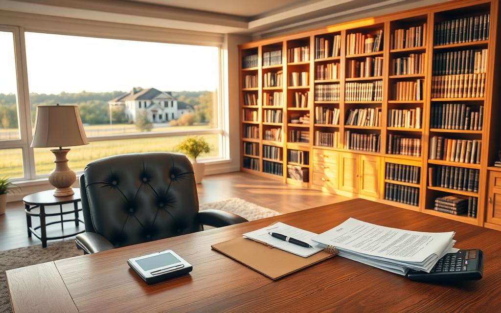 A Spacious, Airy Home Office Setting, With A Large Oak Desk And Leather Armchair In The Foreground. On The Desk, A Stack Of Legal Documents, A Pen, And A Calculator - Symbols Of Financial Organization And Negotiation. The Middle Ground Features A Floor-To-Ceiling Bookshelf Filled With Law Books, Casting Warm, Diffused Lighting Across The Scene. In The Background, A Panoramic Window Overlooks A Serene Suburban Landscape, Hinting At The Balance Between Professional And Personal Aspects Of Divorce Proceedings. The Overall Mood Is One Of Thoughtful Contemplation, Where Complex Financial Matters Are Carefully Considered And Integrated To Achieve An Equitable Outcome. A Spacious, Airy Home Office Setting, With A Large Oak Desk And Leather Armchair In The Foreground. On The Desk, A Stack Of Legal Documents, A Pen, And A Calculator - Symbols Of Financial Organization And Negotiation. The Middle Ground Features A Floor-To-Ceiling Bookshelf Filled With Law Books, Casting Warm, Diffused Lighting Across The Scene. In The Background, A Panoramic Window Overlooks A Serene Suburban Landscape, Hinting At The Balance Between Professional And Personal Aspects Of Divorce Proceedings. The Overall Mood Is One Of Thoughtful Contemplation, Where Complex Financial Matters Are Carefully Considered And Integrated To Achieve An Equitable Outcome.
