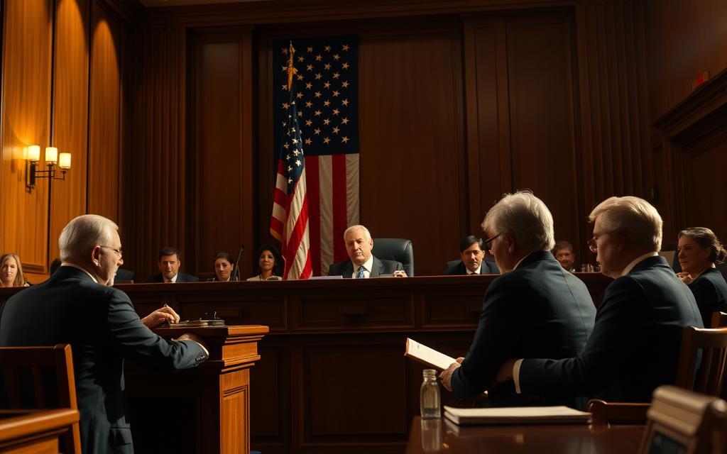 A Courtroom Scene With A Judge'S Bench, Lawyers, And Plaintiffs Debating Legal Issues Related To The Second Amendment. The Lighting Is Warm And Dramatic, Casting Shadows That Emphasize The Gravity Of The Proceedings. The Background Features A Large American Flag, Suggesting The Constitutional Context. The Expressions On The Faces Of The Participants Convey A Sense Of Intense Discussion And Debate. The Angle Is Slightly Elevated, Giving The Viewer A Sense Of Being Present In The Room, Observing The Legal Challenges Unfolding.