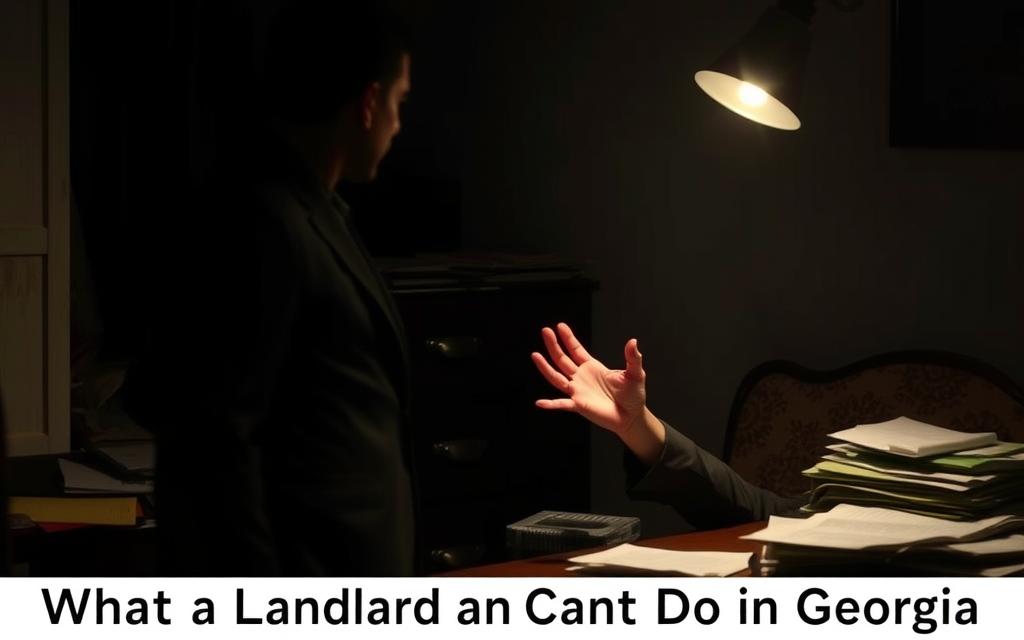 A Dimly Lit Interior, A Landlord In A Shadowy Corner, Looming Over A Frightened Tenant. The Tenant'S Face Is Etched With Concern, Hands Raised In A Defensive Gesture. The Landlord'S Expression Is Stern, A Subtle Menace In Their Posture. The Room Is Cluttered, With Papers And Documents Scattered Haphazardly, Suggesting Unlawful Practices. Flickering Light Casts Unsettling Shadows, Creating An Atmosphere Of Unease And Oppression. The Scene Conveys The Power Imbalance And Disquieting Nature Of Illegal Landlord Actions, Capturing The Essence Of The &Quot;What A Landlord Cannot Do In Georgia&Quot; Section. A Dimly Lit Interior, A Landlord In A Shadowy Corner, Looming Over A Frightened Tenant. The Tenant'S Face Is Etched With Concern, Hands Raised In A Defensive Gesture. The Landlord'S Expression Is Stern, A Subtle Menace In Their Posture. The Room Is Cluttered, With Papers And Documents Scattered Haphazardly, Suggesting Unlawful Practices. Flickering Light Casts Unsettling Shadows, Creating An Atmosphere Of Unease And Oppression. The Scene Conveys The Power Imbalance And Disquieting Nature Of Illegal Landlord Actions, Capturing The Essence Of The &Quot;What A Landlord Cannot Do In Georgia&Quot; Section.