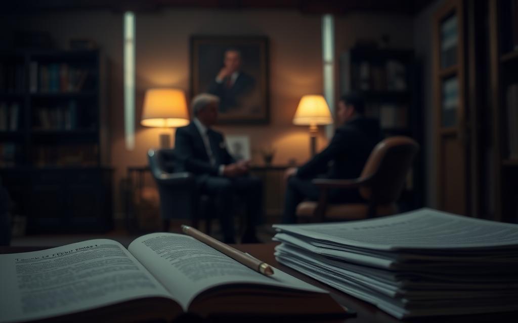 A Dimly Lit Legal Office Interior, With Warm Lighting And A Sense Of Contemplation. In The Foreground, An Open Law Book And A Stack Of Legal Documents, Hinting At The Complex Process Of Firearm Rights Restoration For A Felon. In The Middle Ground, A Veteran Sitting Across From A Lawyer, Engaged In A Serious Discussion. The Background Is Hazy, Evoking The Gravity And Nuance Of The Subject Matter. The Overall Atmosphere Conveys The Careful, Deliberative Nature Of Navigating The Legal System To Regain One'S Right To Bear Arms.