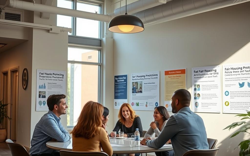 A Spacious, Modern Office Interior With Natural Light Streaming Through Large Windows. In The Foreground, A Diverse Group Of Individuals - A Couple, A Family, And A Single Person - Sit Around A Conference Table, Engaged In A Discussion. The Walls Display Informative Posters And Graphics Highlighting Fair Housing Protections And Anti-Discrimination Policies In Georgia. The Atmosphere Is Professional Yet Warm, Conveying A Sense Of Empowerment And Understanding. The Lighting Is Soft And Indirect, Creating A Welcoming Ambiance. A Sense Of Inclusivity And Community Permeates The Scene, Reflecting The Importance Of Safeguarding Tenant Rights. A Spacious, Modern Office Interior With Natural Light Streaming Through Large Windows. In The Foreground, A Diverse Group Of Individuals - A Couple, A Family, And A Single Person - Sit Around A Conference Table, Engaged In A Discussion. The Walls Display Informative Posters And Graphics Highlighting Fair Housing Protections And Anti-Discrimination Policies In Georgia. The Atmosphere Is Professional Yet Warm, Conveying A Sense Of Empowerment And Understanding. The Lighting Is Soft And Indirect, Creating A Welcoming Ambiance. A Sense Of Inclusivity And Community Permeates The Scene, Reflecting The Importance Of Safeguarding Tenant Rights.